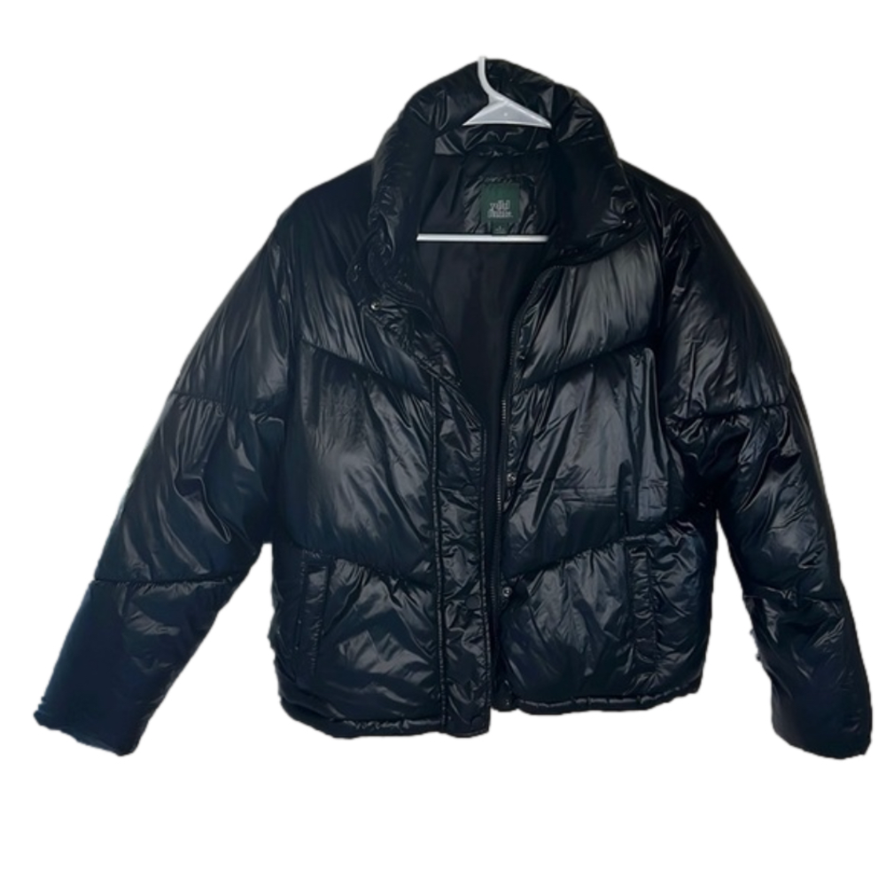 SIZE S wild fable zip up and button-down glossy black high neck puffer jacket